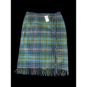J.Jill Blue Green Plaid Wool Blend Fringe Wrap Skirt Womens Size 12 NWT